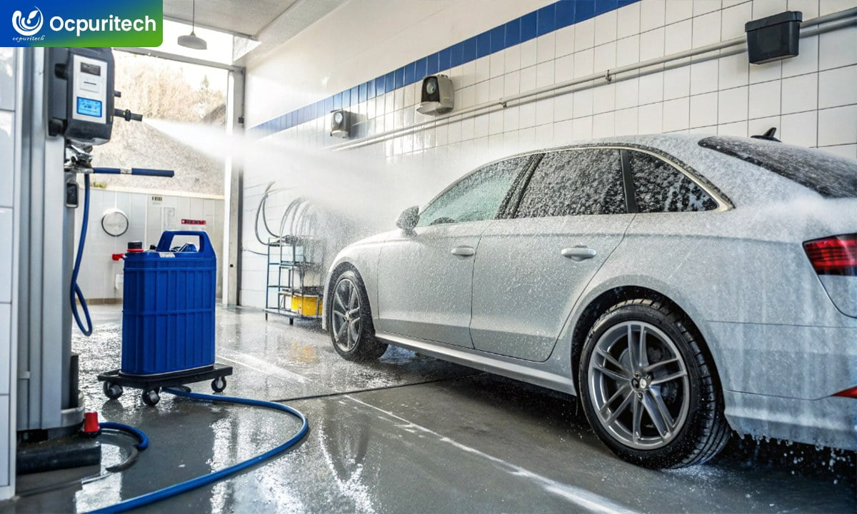 Collage of different applications for ultrafiltration like a water bottle plant and a pharmaceutical lab