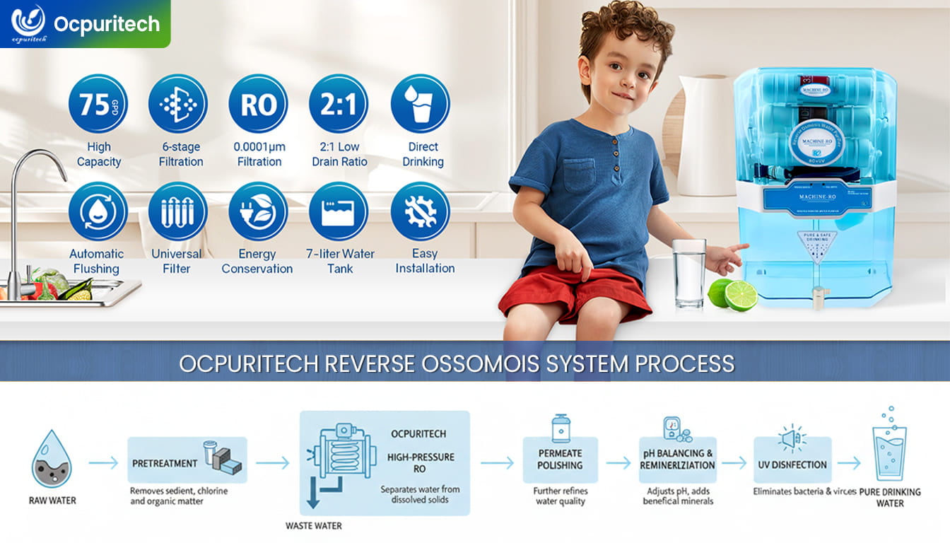 Infographic-style process visualization of an Ocpuritech reverse osmosis system: pretreatment, high-pressure RO, permeate polishing, pH balancing and remineralization, and UV disinfection, clear flow from raw water to pure drinking water