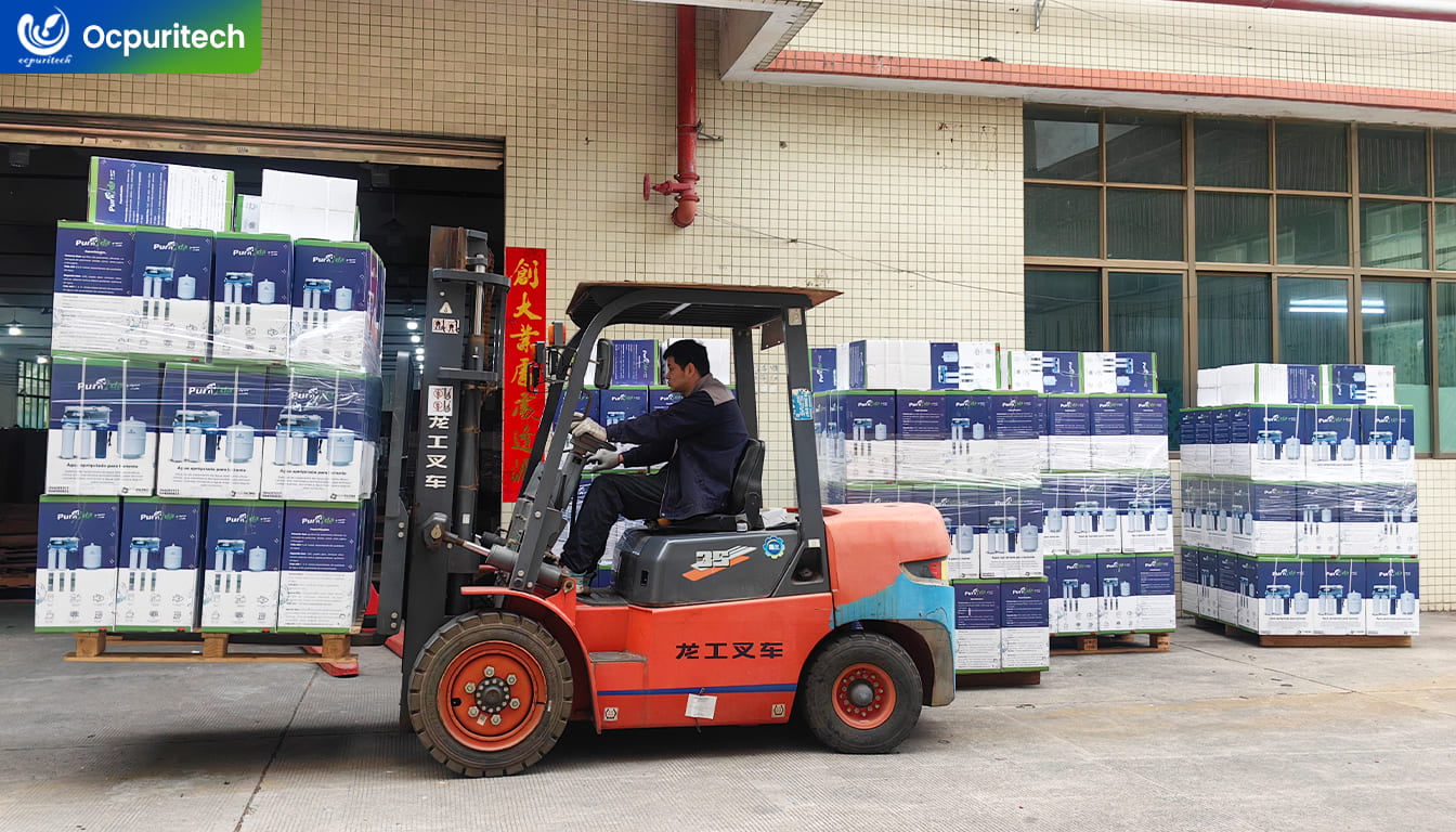 Ocpuritech sustainability concept image showing water-scarce arid landscape transitioning to a glass of clean water produced by RO, with eco-friendly cues like energy recovery device and reduced plastic waste