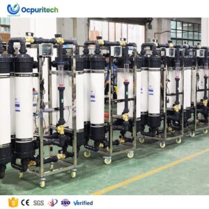 Batch industrial ultrafiltration water treatment systems lined up in factory workshop, mobile frame UF membrane equipment