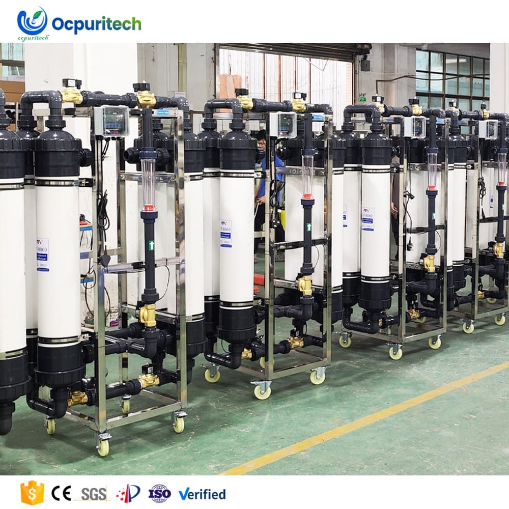 Batch industrial ultrafiltration water treatment systems lined up in factory workshop, mobile frame UF membrane equipment