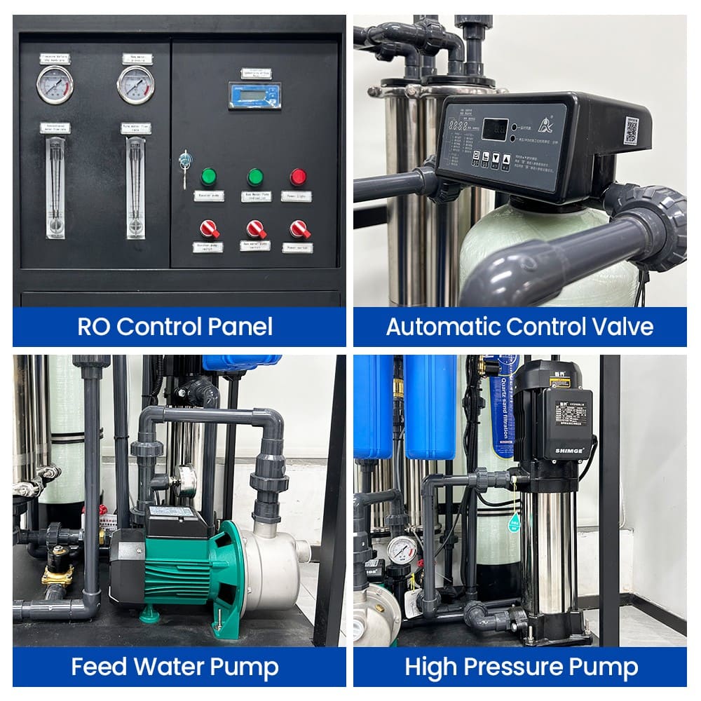 RO water treatment machine closeups RO control panel, auto control valve, high-pressure pumps