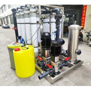 UF water purification equipment close-up, fitted with high pressure pump and stainless steel security filter