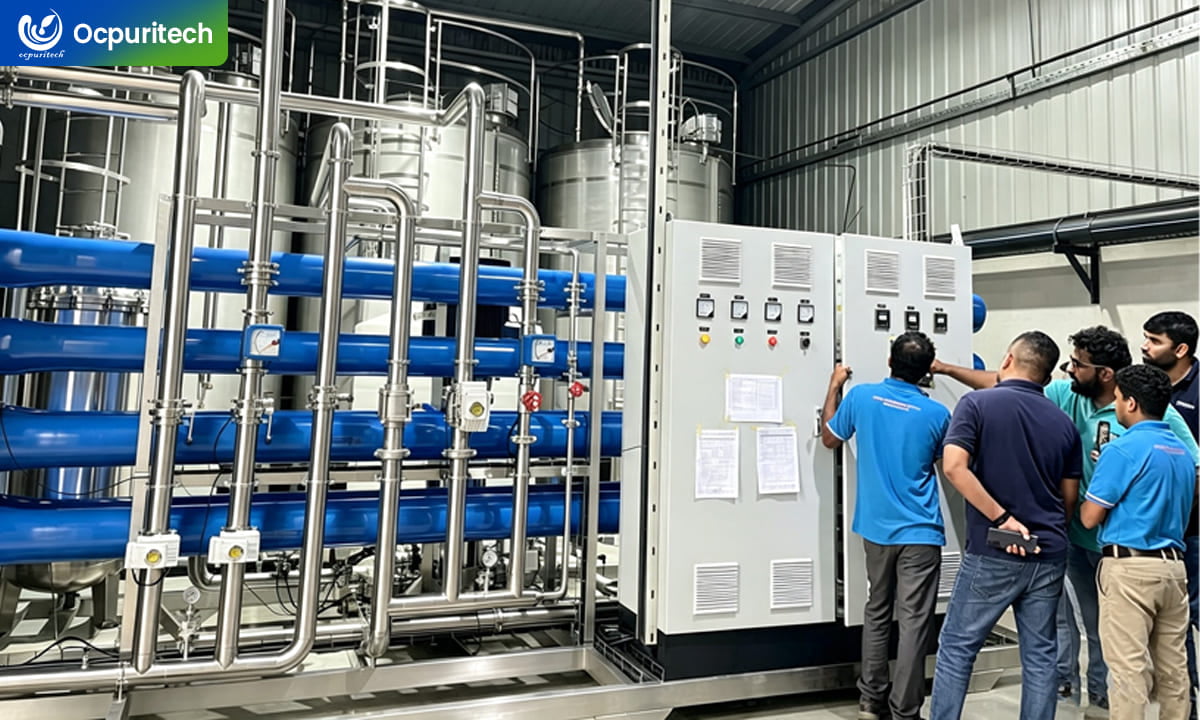 River water filtration system manufacturing facility with engineers inspecting equipment