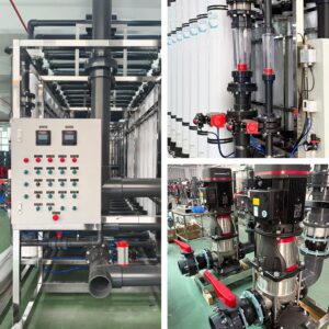 60T industrial UF water purification system — PLC control panel and pump