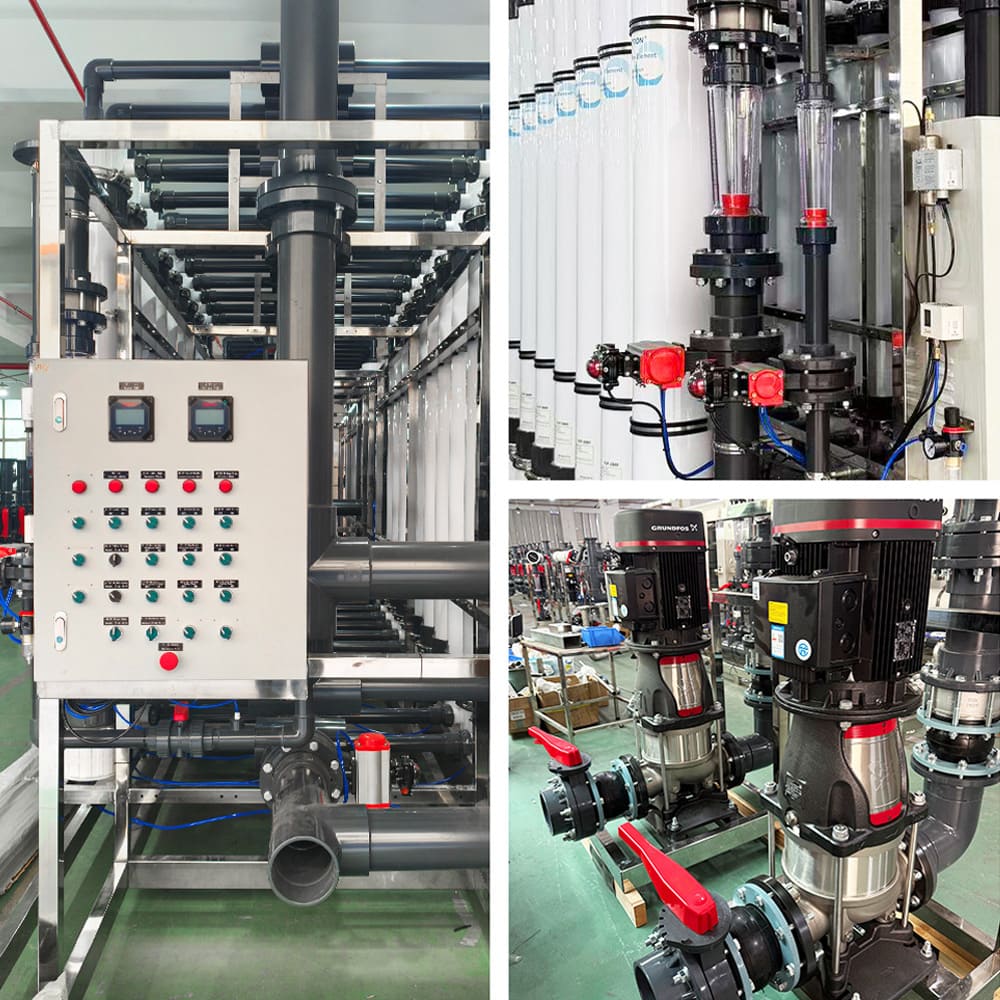 60T industrial UF water purification system — PLC control panel and pump
