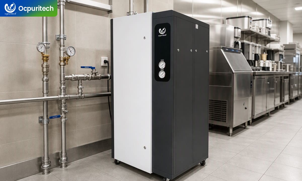 Enclosed cabinet RO plant installed in a hotel utility room with space constraints