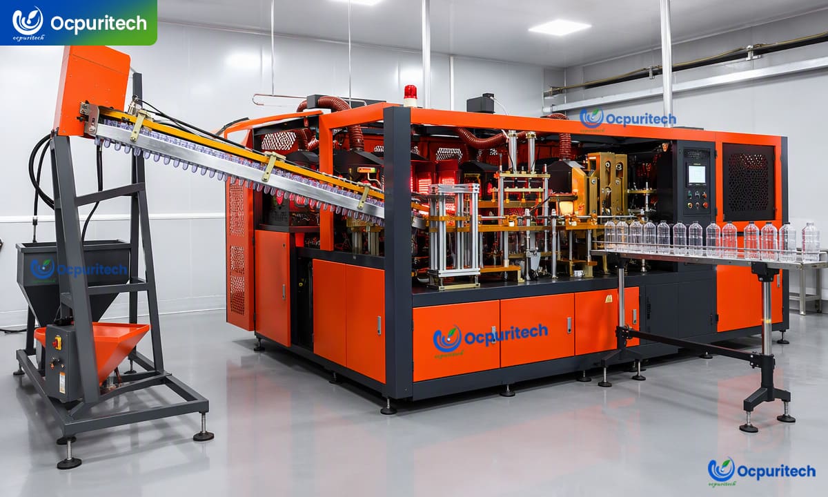 A fully automatic bottle blowing machine for a 5000-bottle-per-hour mineral water filling line