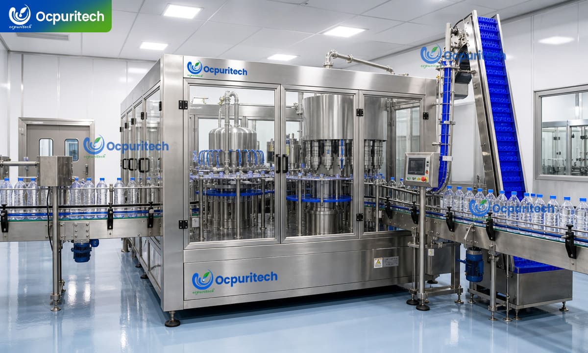 The three-in-one filling machine includes automatic rinsing, filling, and capping.